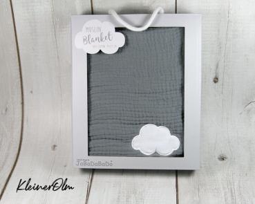 Babydecke aus Musselin - Weiche Baumwolle - Grau mit kleiner Wolke - personalisierbar