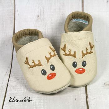 Krabbelpuschen - Lederpuschen mit Rentier Geweih - individualisierbar