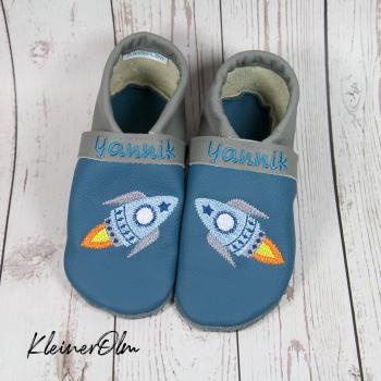 Preview: Krabbelpuschen - Lederpuschen mit cooler Rakete - individualisierbar