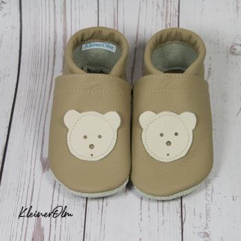 Preview: Krabbelpuschen - Lederpuschen mit aufgenähtem Teddykopf - individualisierbar