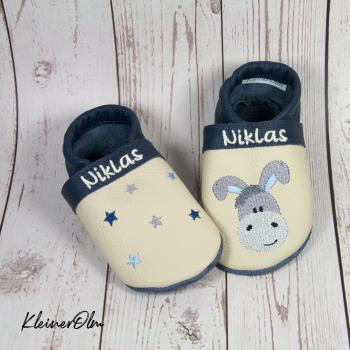 Preview: Krabbelpuschen - Lederpuschen mit Esel und Namen mit Sternchen - individualisierbar