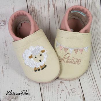 Preview: Krabbelpuschen - Lederpuschen mit süßem Schaf - individualisierbar