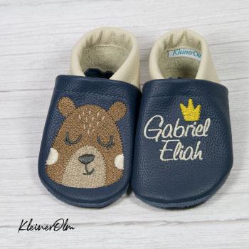 Preview: Krabbelpuschen - Lederpuschen mit Schlaf Teddy und Krone - individualisierbar