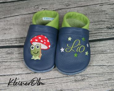 Preview: Krabbelpuschen - Lederpuschen mit Frosch und Namen - individualisierbar