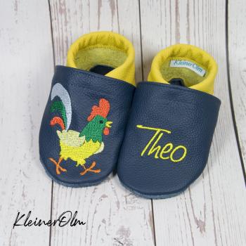 Preview: Krabbelpuschen - Lederpuschen mit Huhn und Henne - individualisierbar