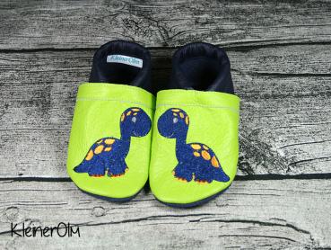 Preview: Krabbelpuschen - Lederpuschen mit Dinosaurier - individualisierbar