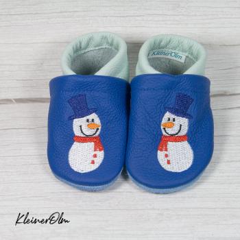 Preview: Krabbelpuschen - Lederpuschen mit Schneemann mit Zylinder - individualisierbar