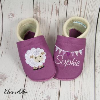 Preview: Krabbelpuschen - Lederpuschen mit süßem Schaf - individualisierbar