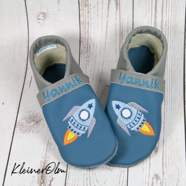 Krabbelpuschen - Lederpuschen mit cooler Rakete - individualisierbar