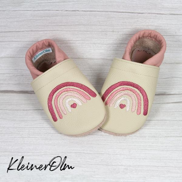 Krabbelpuschen - Lederpuschen mit Regenbogen - individualisierbar