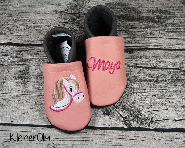 Krabbelpuschen - Lederpuschen mit Pferdekopf und Namen